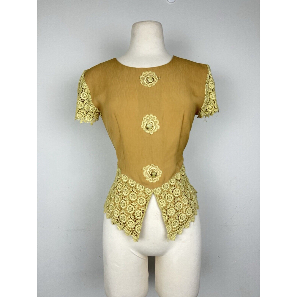 Vintage 1950s Mustard Yellow Lace Blouse Split Peplum Waist Romantic Feminine